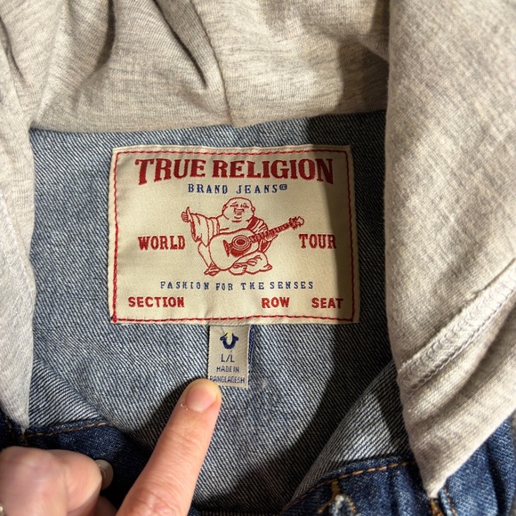 True Religion Men’s Blue Denim Trucker Hoodie Jacket Large - Picture 2 of 11